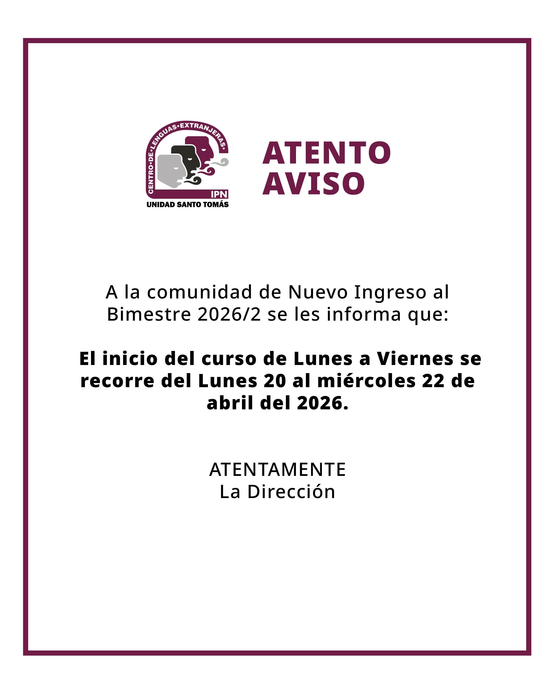 Aviso Inicio Bimestre 2026/2